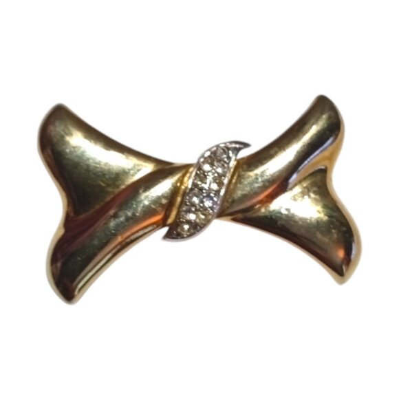 TA Signed Vintage Gold Silver Tone Bow Brooch Tied Clear Centered Rhinestones - Picture 1 of 9
